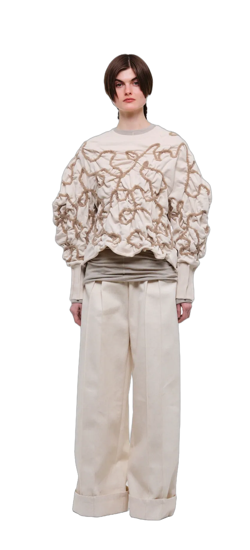 Beige sweatshirt with decorative detailing in beige yarn — 360° view