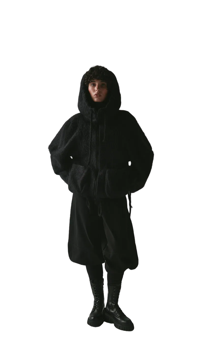 Black fluffy wool jacket with sculptural sleeves — 360° view