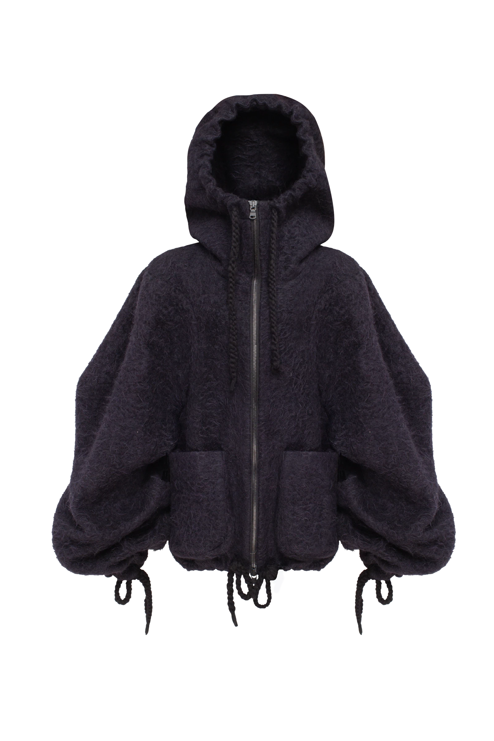 Black fluffy wool jacket with sculptural sleeves