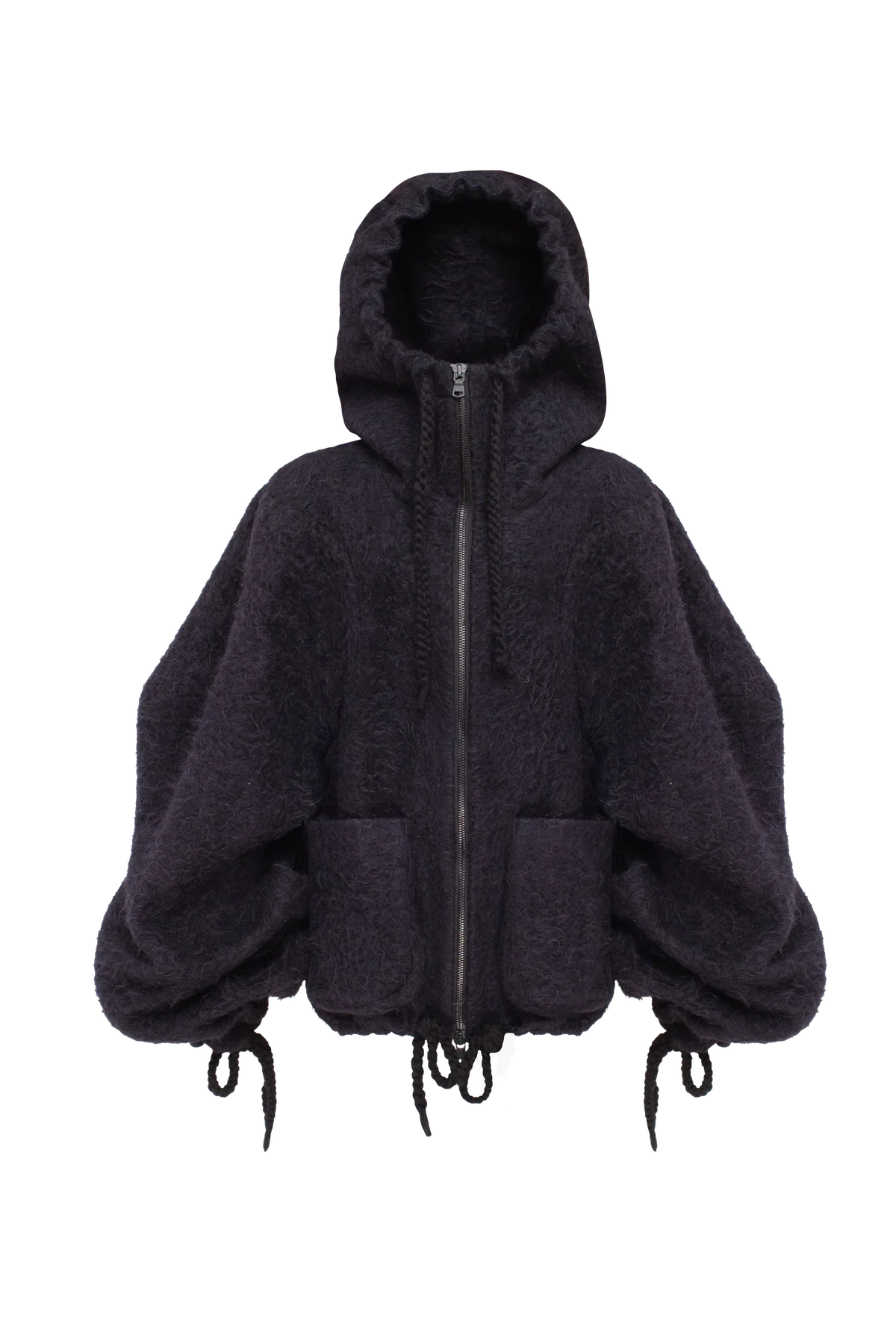 Black fluffy wool jacket with sculptural sleeves view 1
