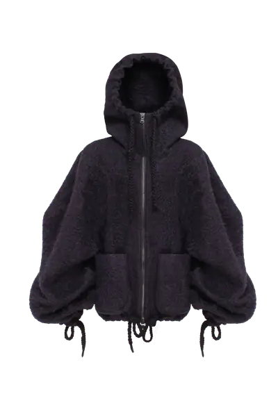 Black fluffy wool jacket with sculptural sleeves