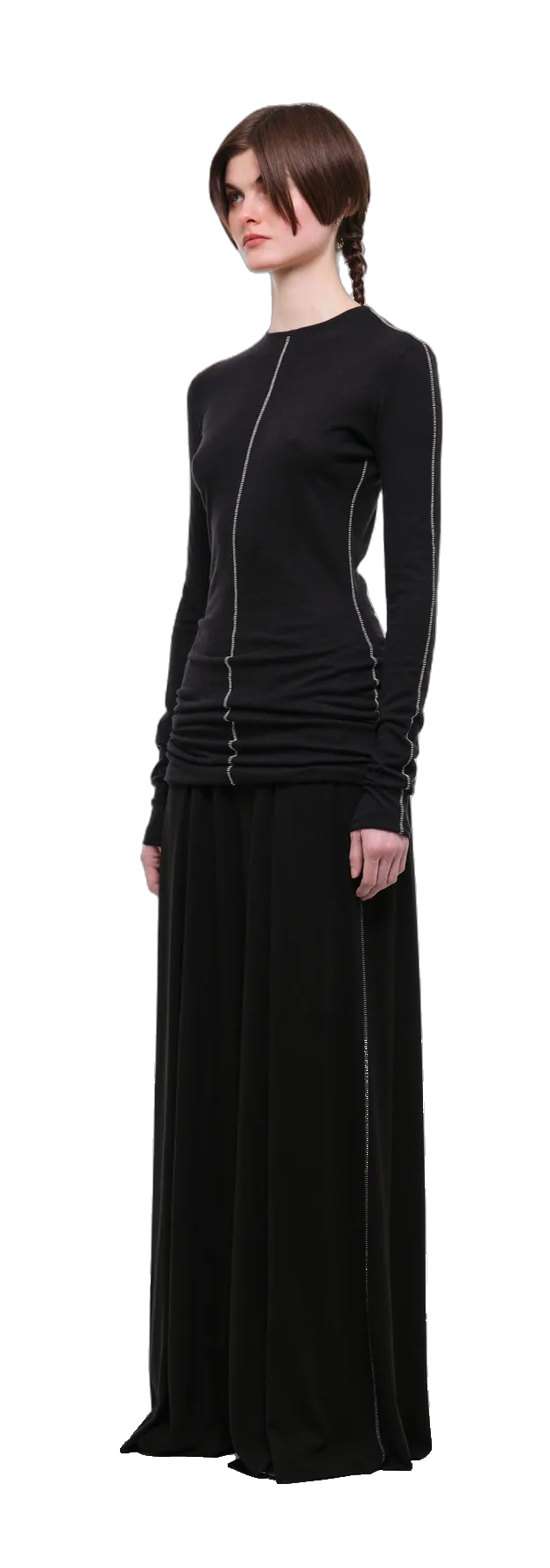 Black long-sleeve top with a crew-neck collar and contrasting decorative beige seam details — 360° view