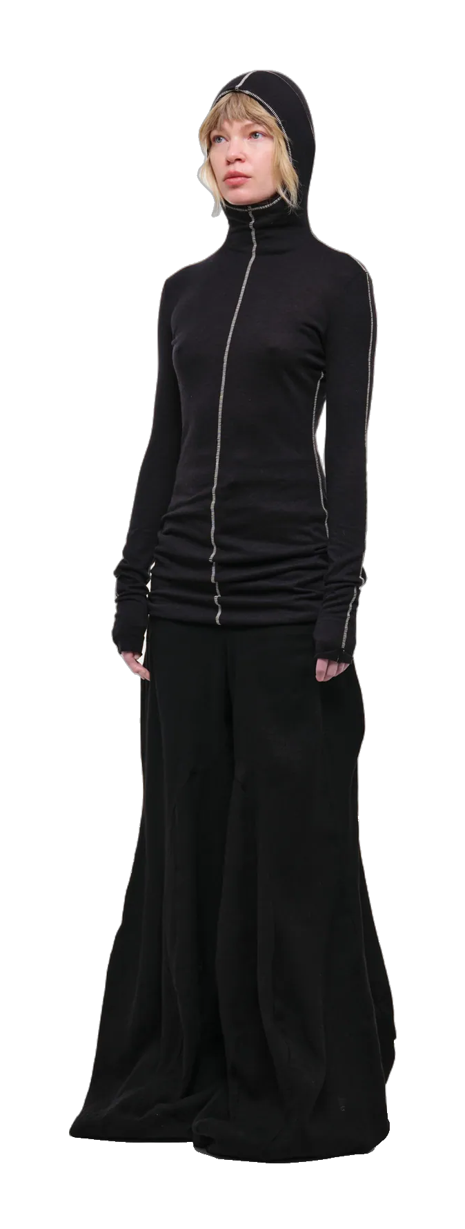 Black long-sleeve top with a hood — 360° view
