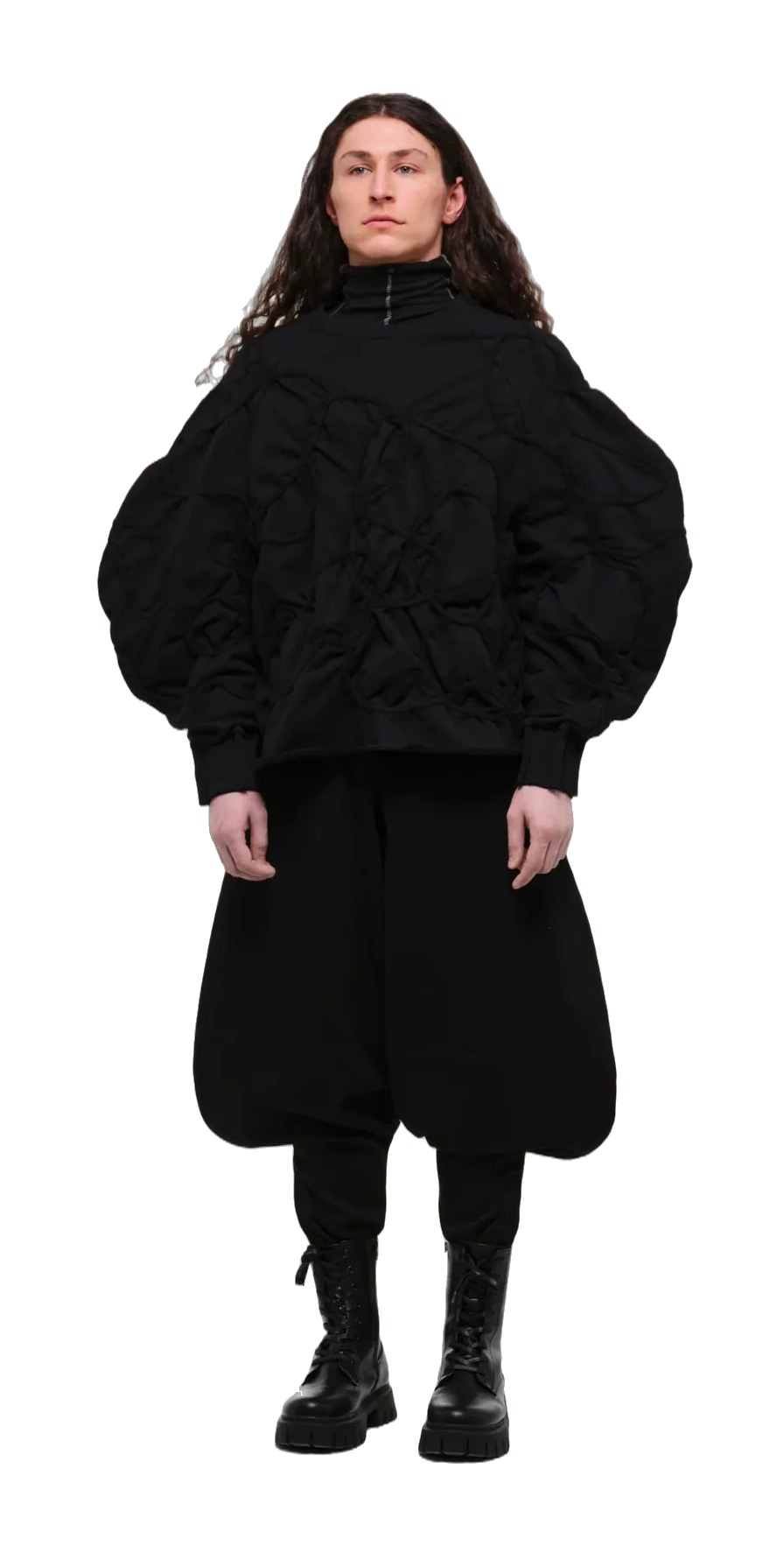 Black sweatshirt with decorative detailing in black yarn — 360° view