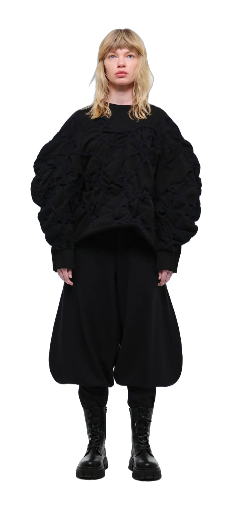 Black sweatshirt with decorative detailing in deep blue yarn — 360° view