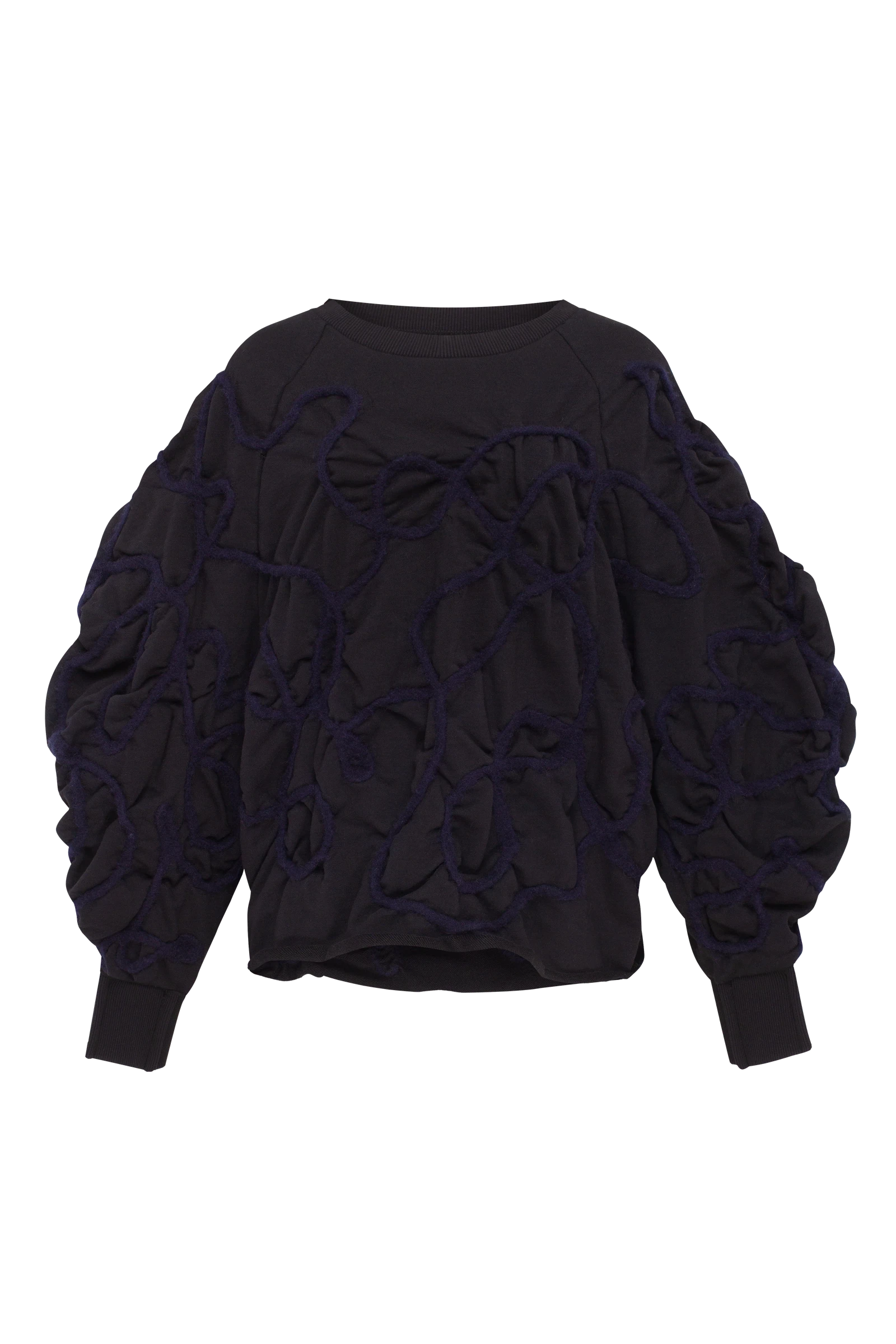 Black sweatshirt with decorative detailing in deep blue yarn