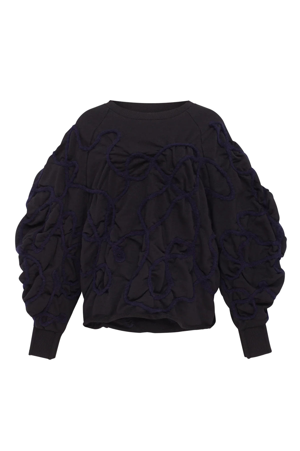 Black sweatshirt with decorative detailing in deep blue yarn view 1