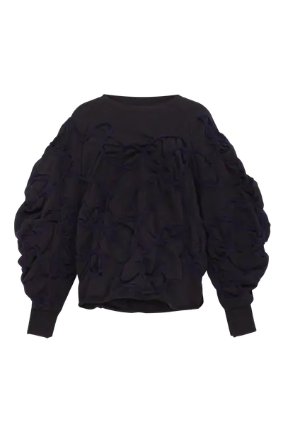 Black sweatshirt with decorative detailing in deep blue yarn