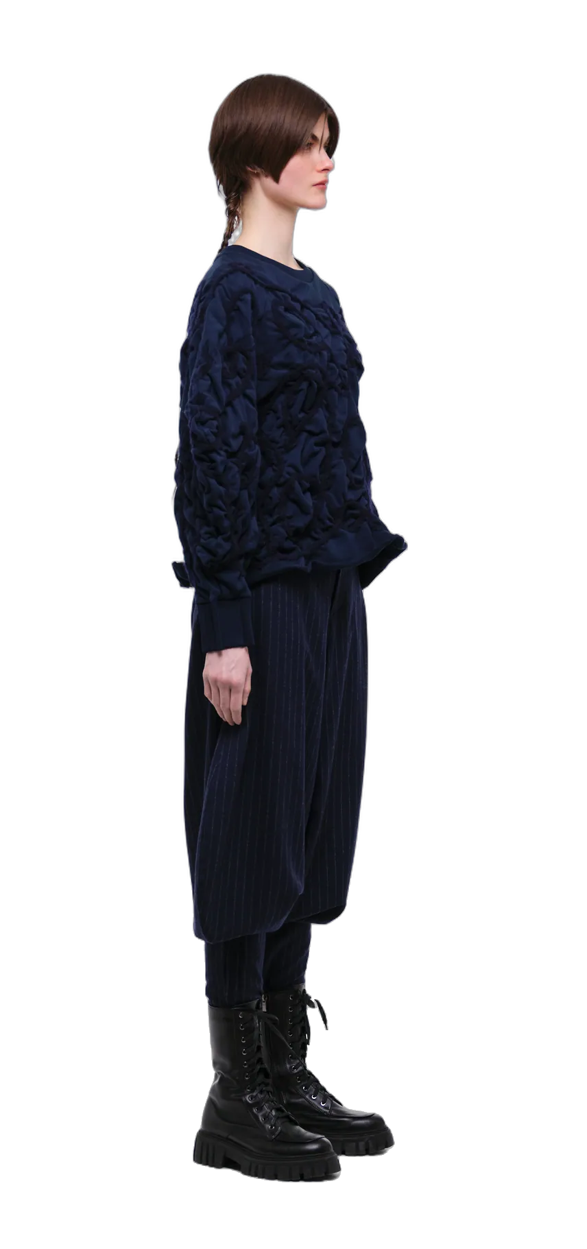 Blue sweatshirt with decorative detailing in deep blue yarn — 360° view