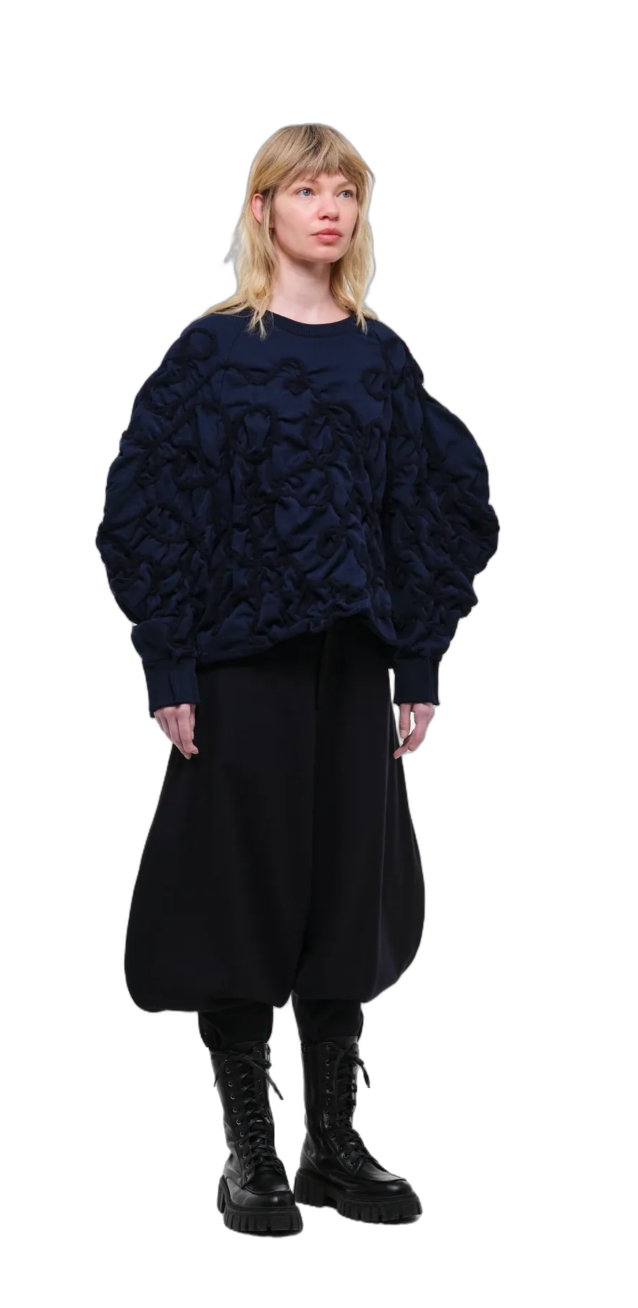 Blue sweatshirt with decorative detailing in deep blue yarn — 360° view