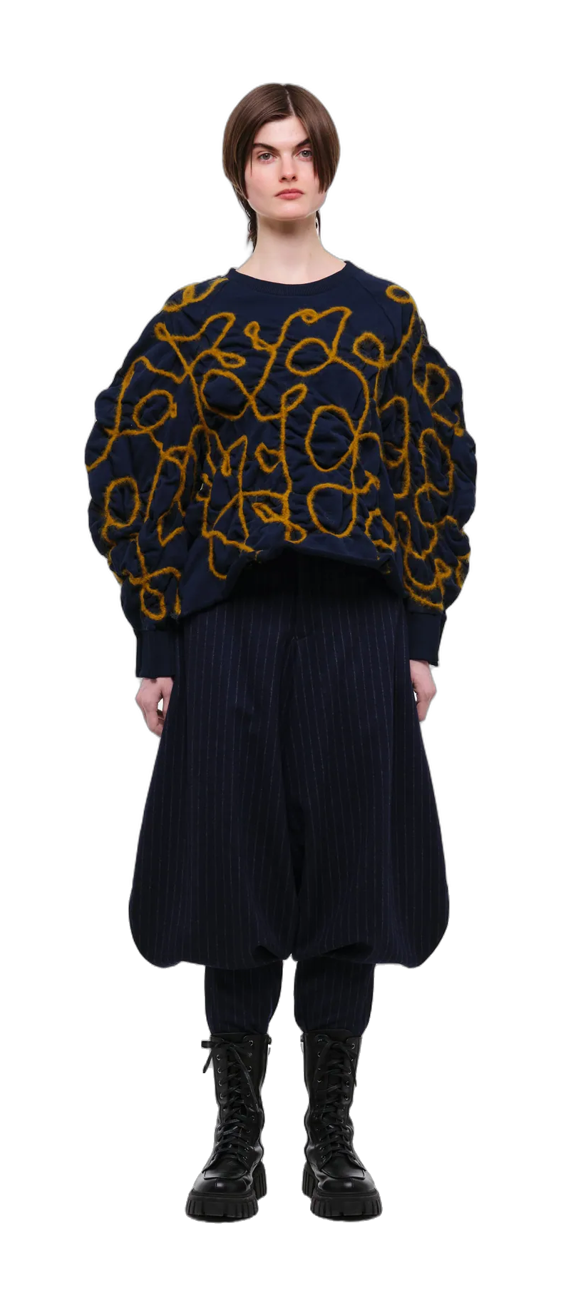 Blue sweatshirt with decorative detailing in mustard yellow yarn — 360° view