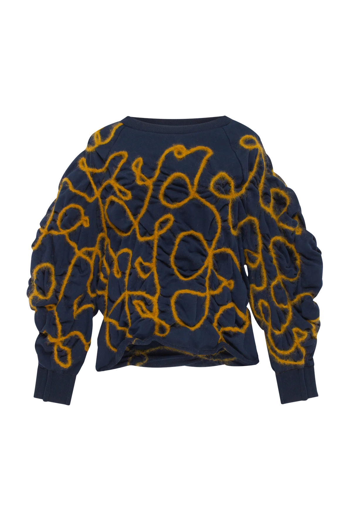 Blue sweatshirt with decorative detailing in mustard yellow yarn view 2