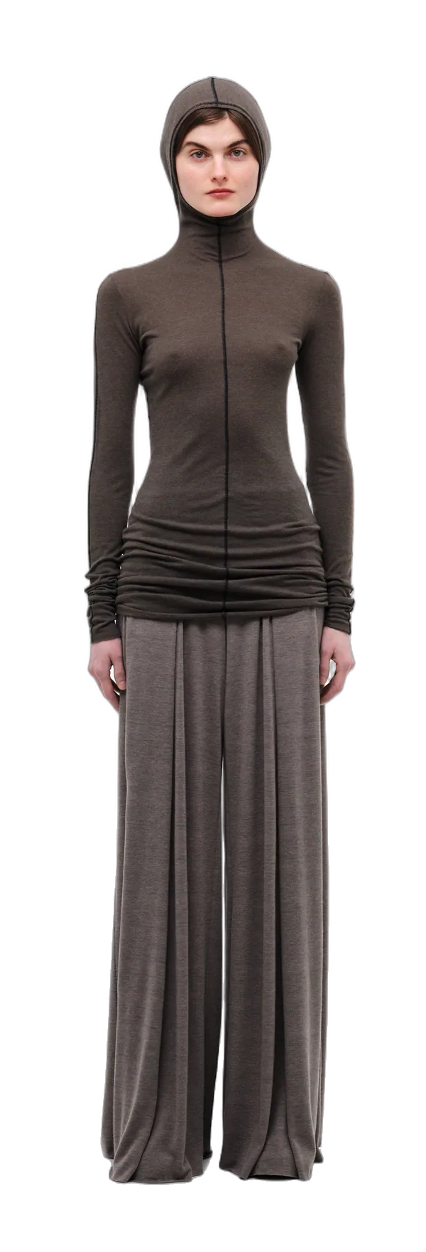 Chocolate-coloured long-sleeve top with a hood — 360° view