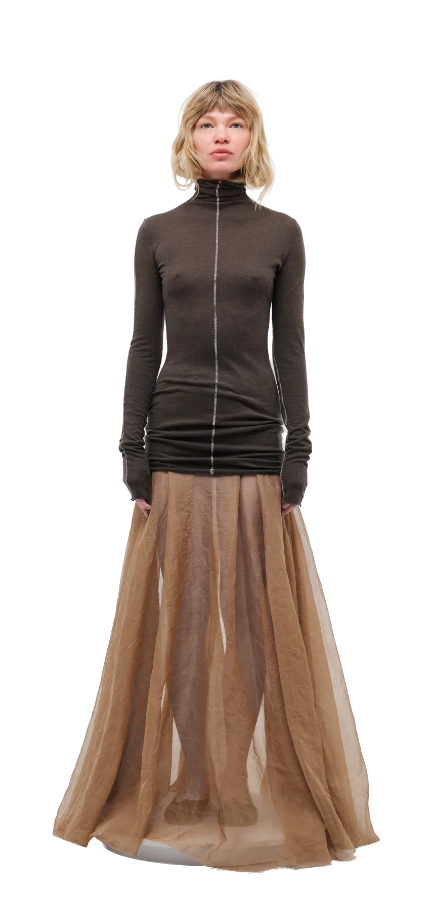 Chocolate-coloured long-sleeve top with a turtleneck collar — 360° view