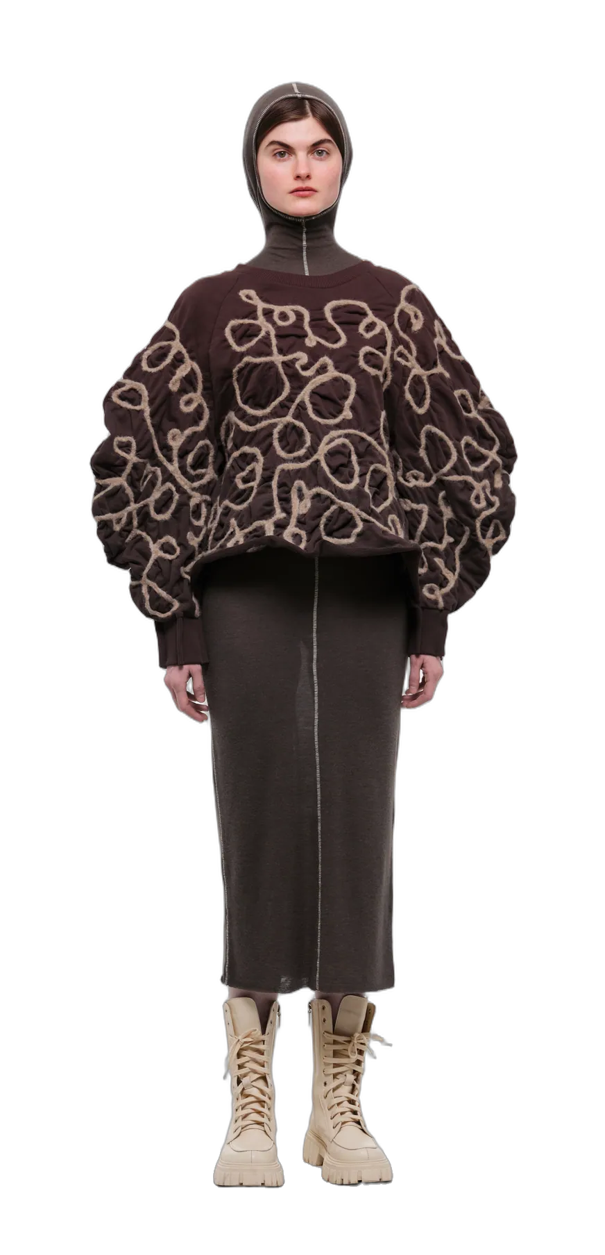 Chocolate sweatshirt with decorative detailing in beige yarn — 360° view