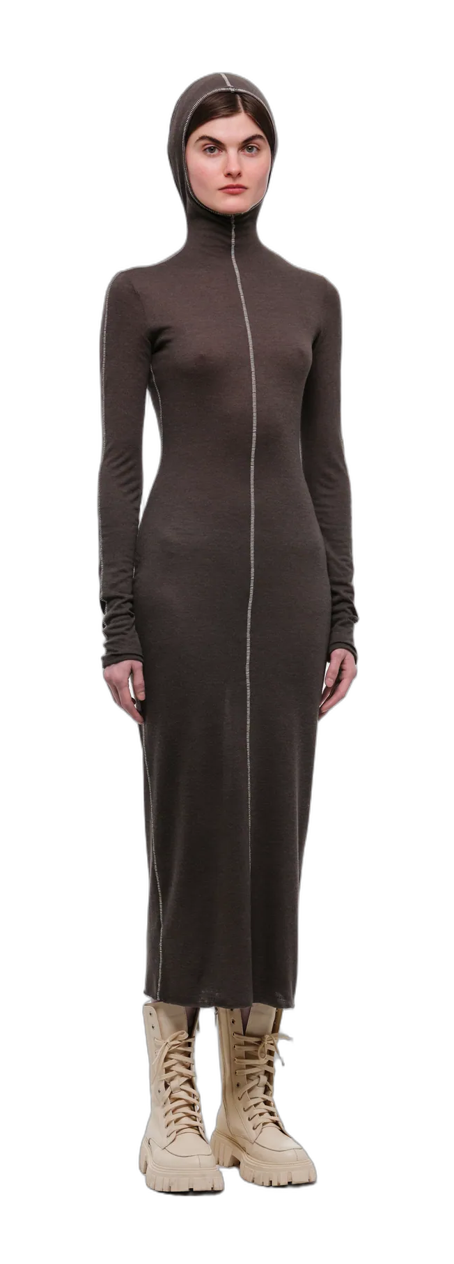 Dark brown maxi long-sleeve dress with a hood — 360° view