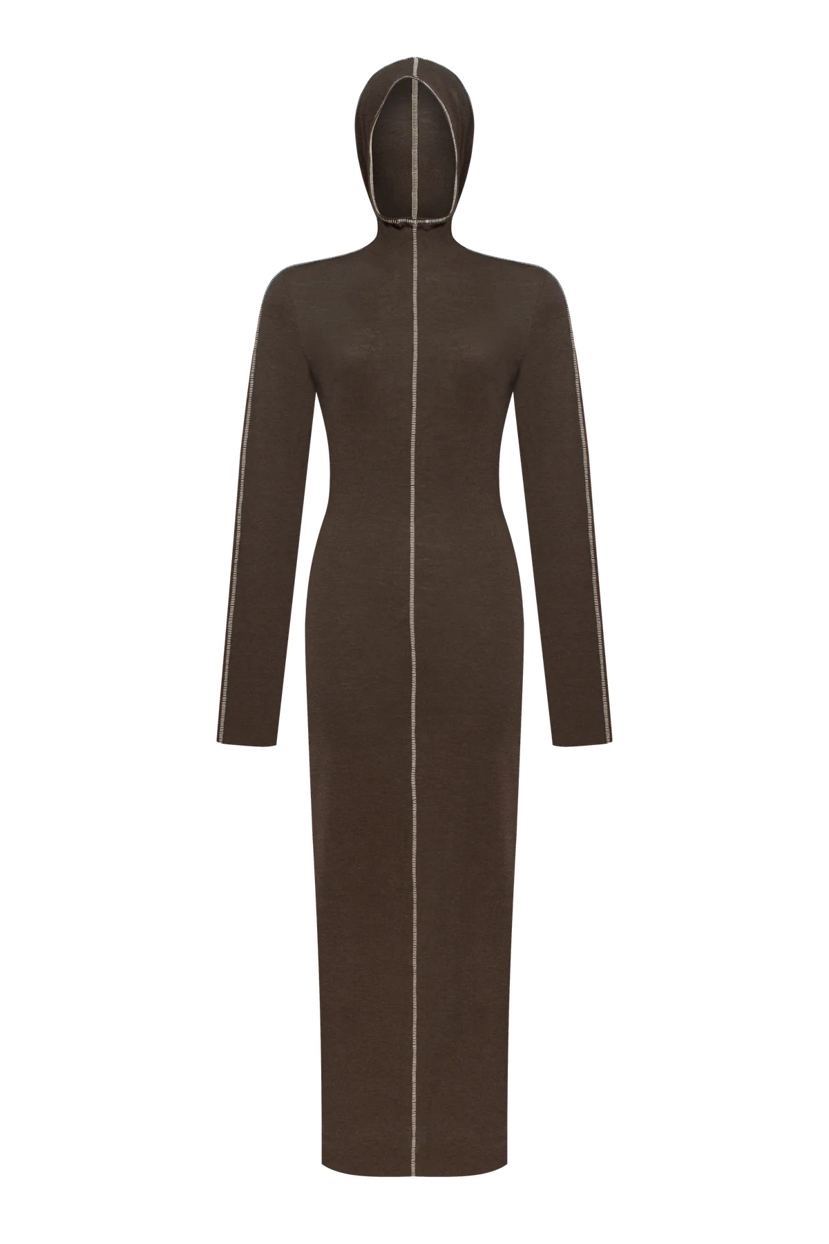 Dark brown maxi long-sleeve dress with a hood
