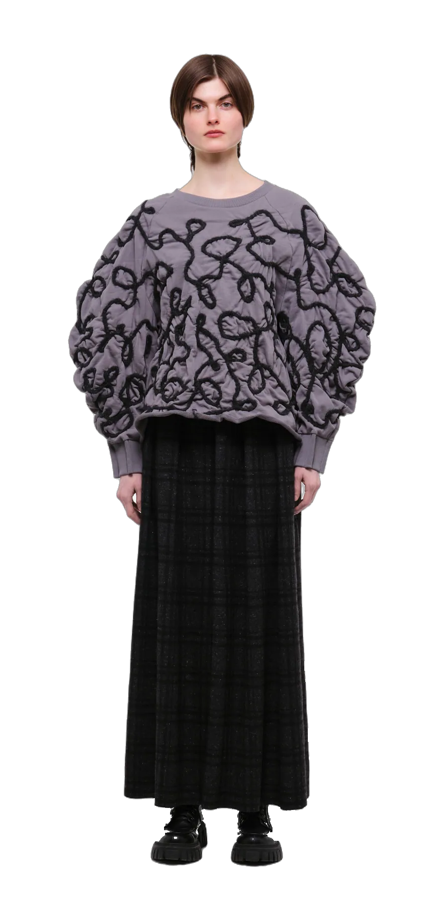 Grey sweatshirt with decorative detailing in charcoal yarn — 360° view