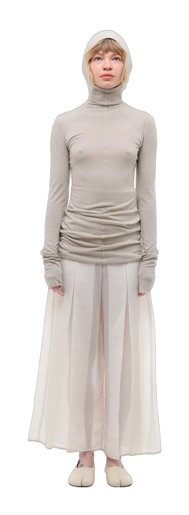 Light beige long-sleeve top with a hood — 360° view