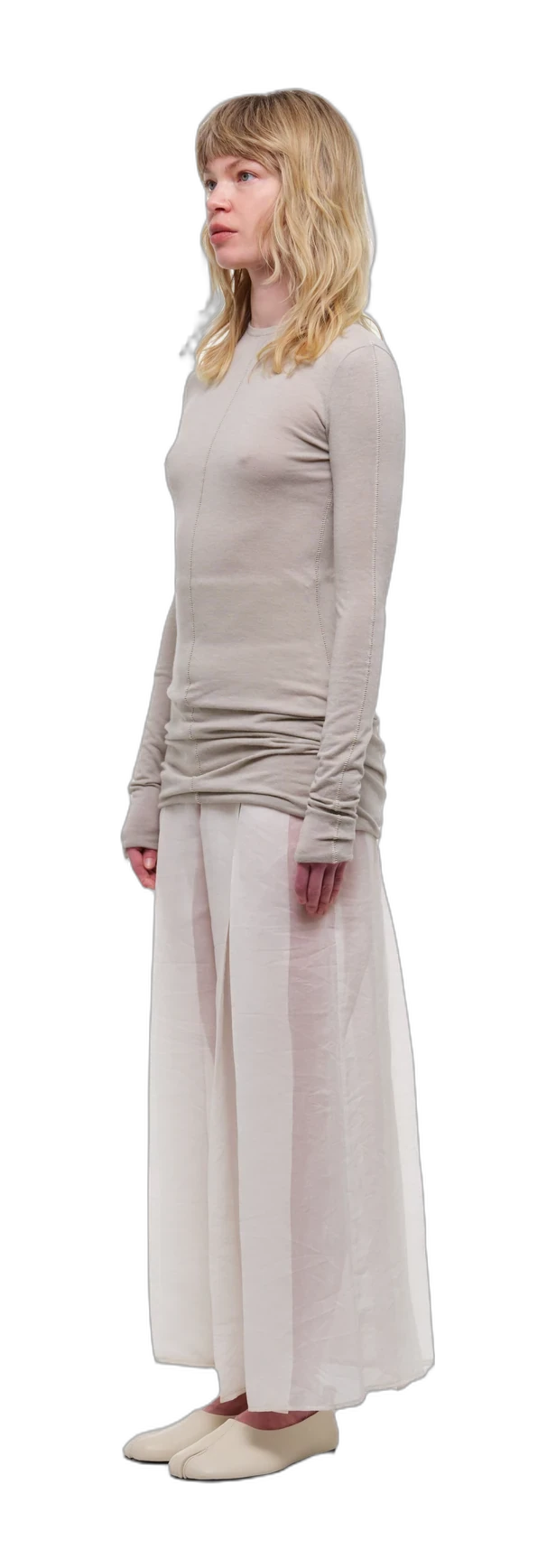 Light beige long-sleeve top with a turtleneck collar