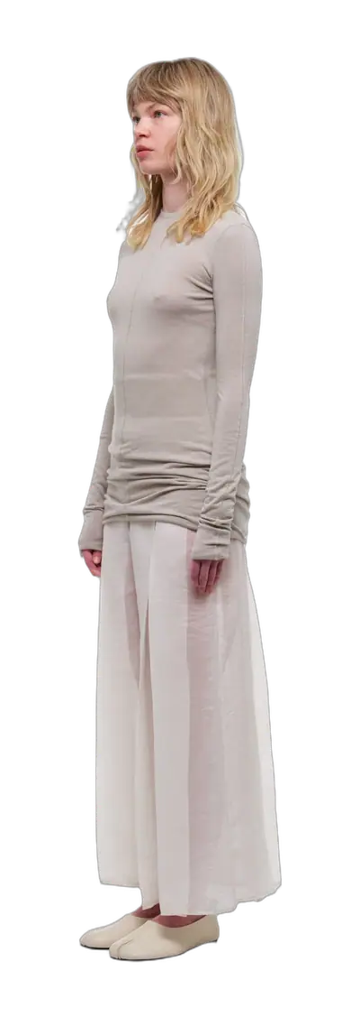 Light beige long-sleeve top with a turtleneck collar