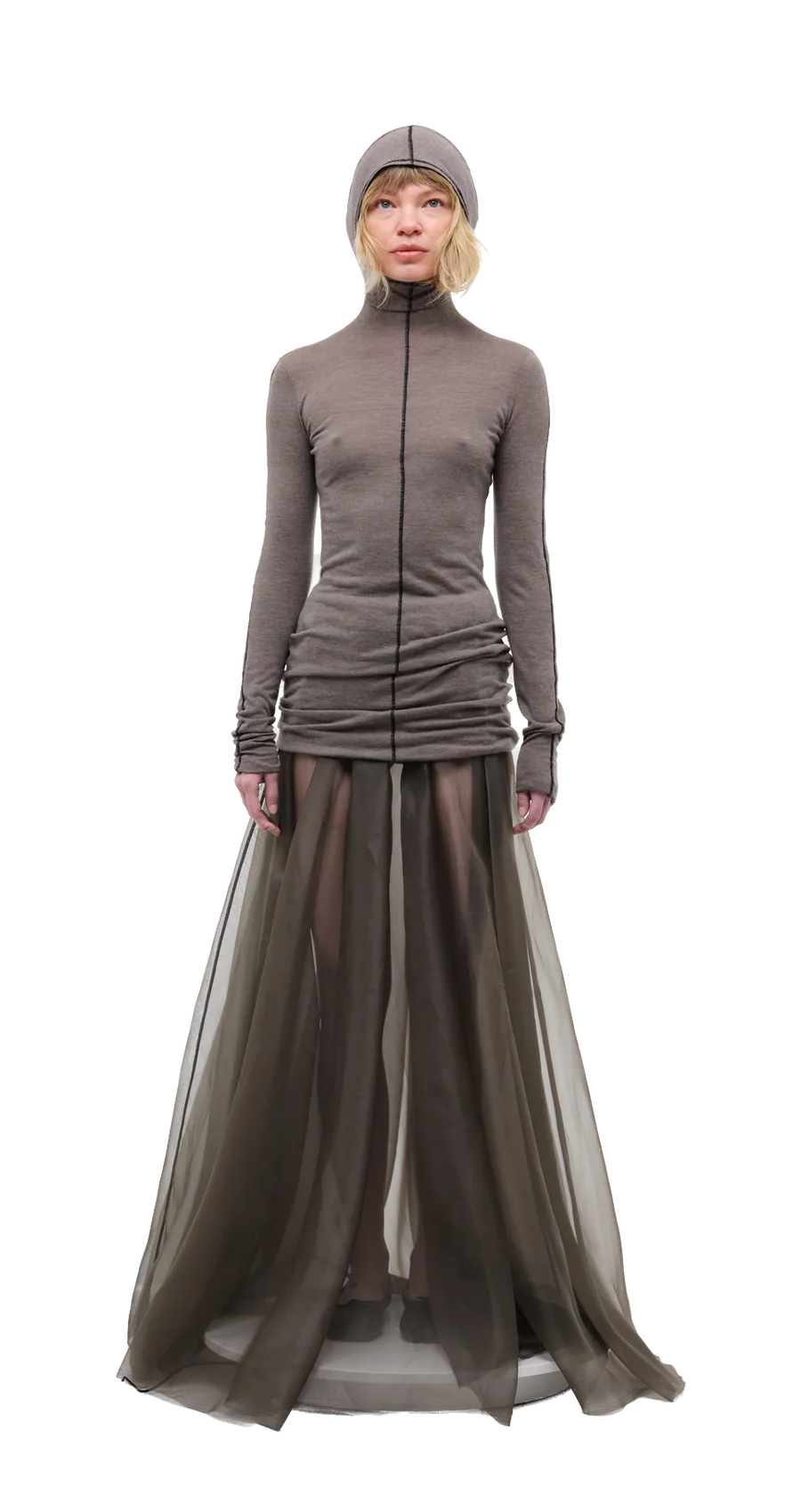 Mocha long-sleeve top with a hood — 360° view