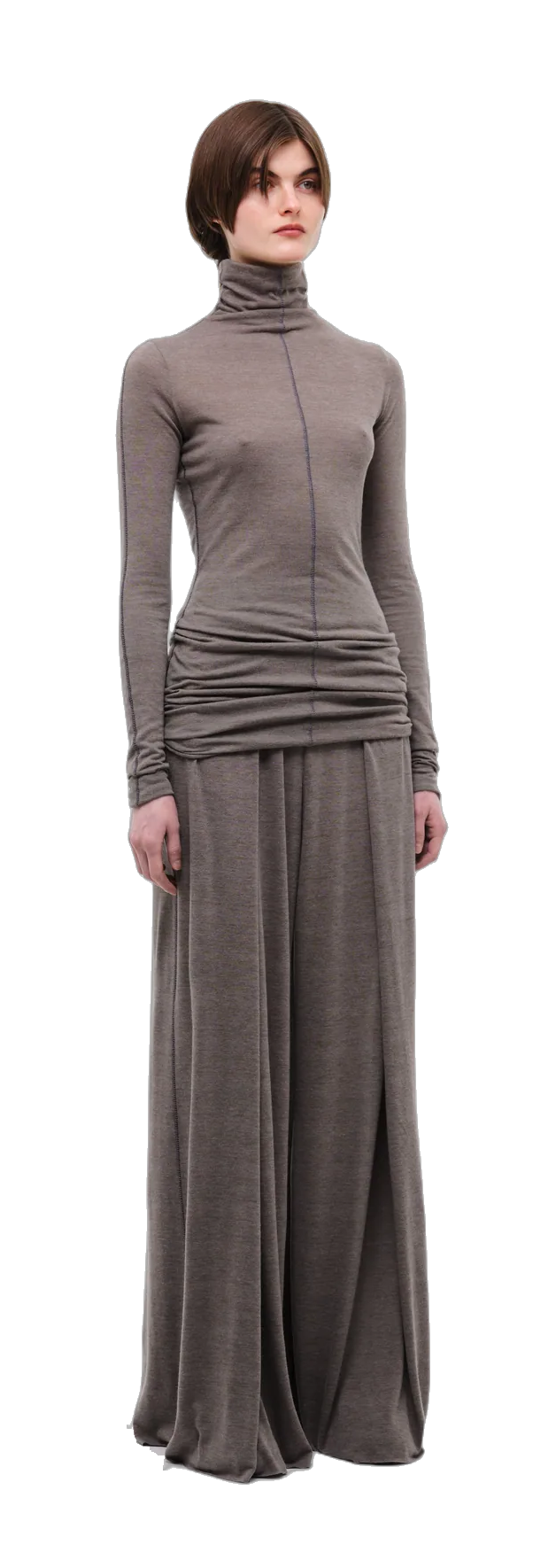 Mocha long-sleeve top with a turtleneck collar. — 360° view