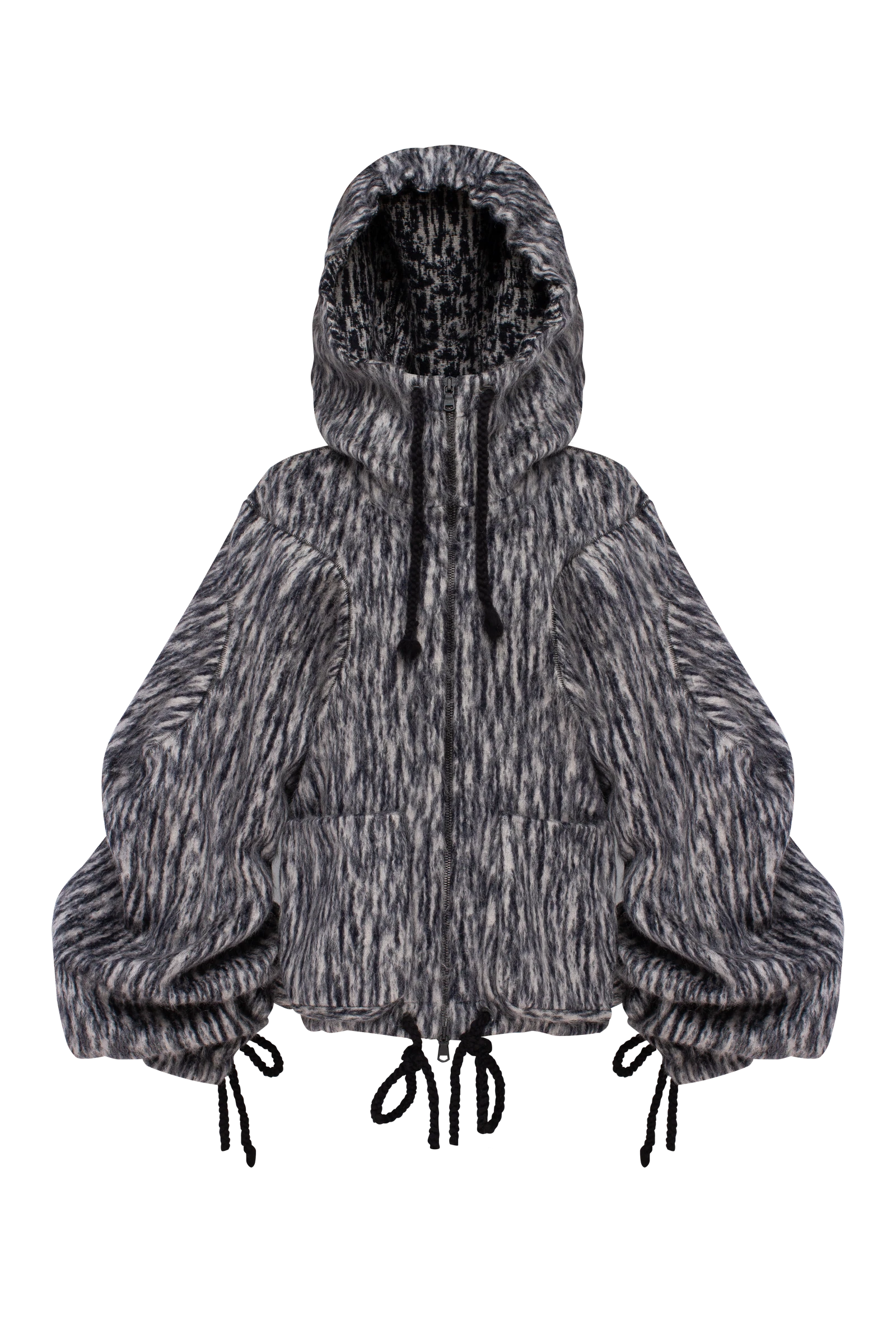 Striped wool jacket with sculptural sleeves.