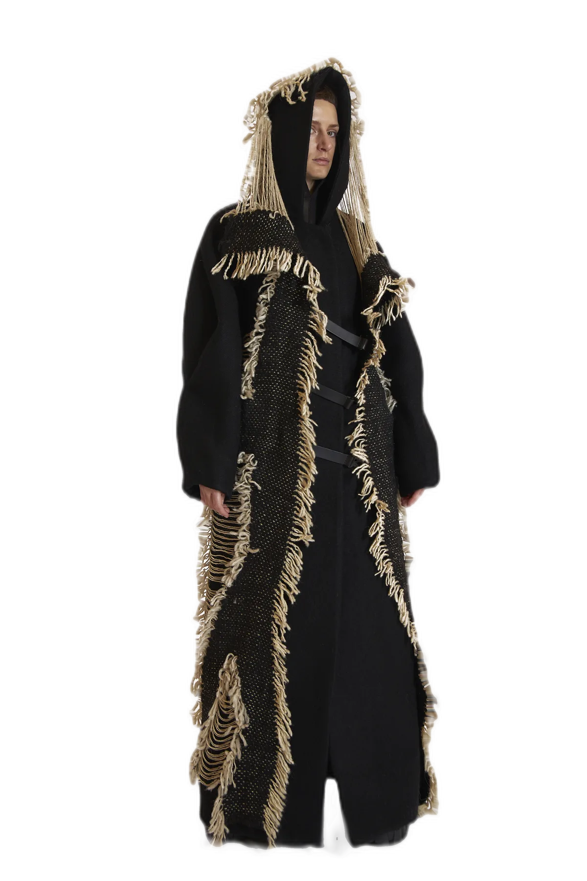 Venera — Black-Cream Woven Hooded Coat