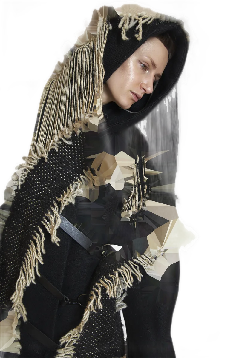 Venera — Black-Cream Woven Hooded Coat